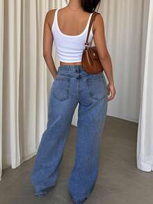 Retro Hong Kong Style High Waist Loose Straight Leg Jeans, Wide Leg Denim Trousers, Versatile Floor-Length Pants, For Autumn