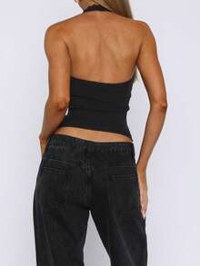 女士时尚V领花卉蕾丝拼接系带吊带背心休闲黑色夏季 - 黑色 - 查看 4