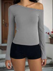 Women's Off One Shoulder Tops Fashionable Solid Color Long Sleeve Slim Fit Shirts - 深灰色 - 查看 3
