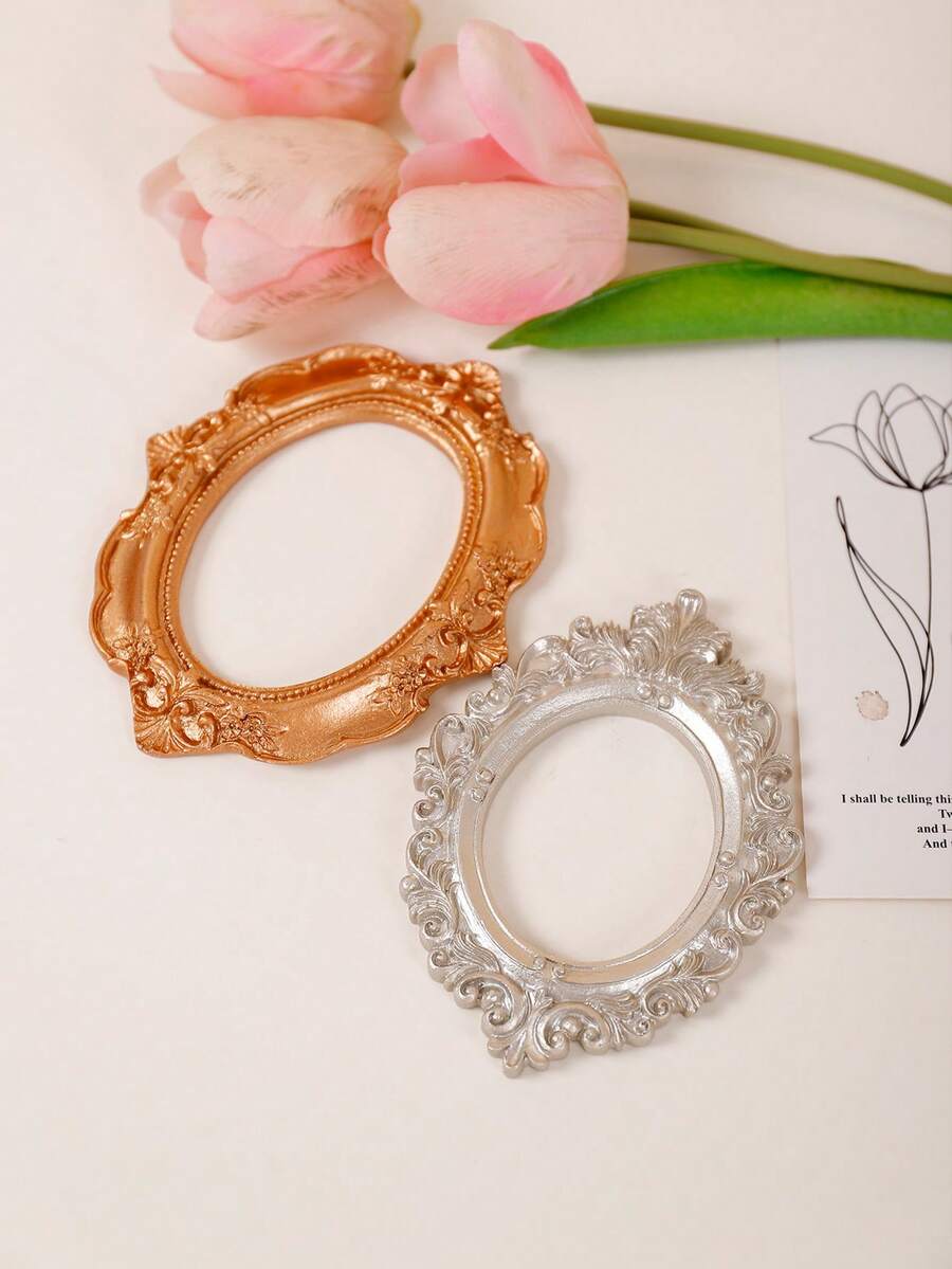 Gold/Silver Vintage Resin Embossed Small Photo Frame, Blank Carved Frame Scrapbooking Supplies, Decorative Accessories For Rustic Home, Photography Props, Dorm Decor - Multicolor - View 1