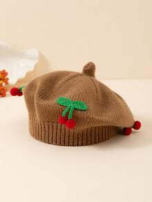 1 pieza Gorro de boina tejido con diseño de cereza lindo para niños, adecuado para usar en otoño/invierno para mantener el calor y para uso diario - A - Ver 12