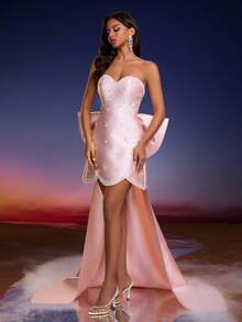 Women's Faux Pearl Backless Bow Decor Elegant Strapless Cocktail Dress - Hồng - Xem 5