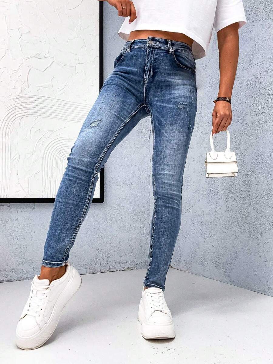 Women's Plus-Size Skinny Jeans, Women's Oversized Long Jeans, Simple And Casual Style With Zippered Pockets, Women's Skinny Jeans, Bigsize Jeans, Women's Skinny Pants, Autumn And Spring Everyday Wear. - Ripped Blue - View 1