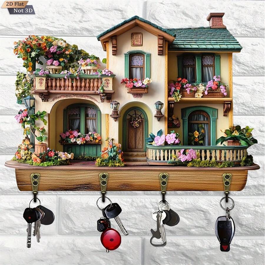 Key Holder For Wall Wooden 2D Flat Village House Shape Key Hooks Hanging Wall Decor For Entryway Living Room Home - xanh quân đội - Xem 1