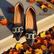 Women's Black Patent Leather Pumps | Light Gold Chain - Modern, Elegant, Versatile, Comfortable - 黑色 - 查看 2