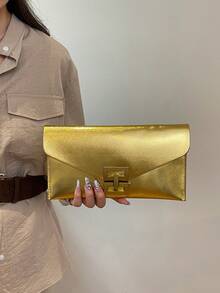 Fashionable Handheld Bag, Letter Envelope, Retro Metal Hardware Lock, Flip Cover Envelope, Makeup Bag, Inner Container Bag, Banquet Bag, Versatile Leisure Bag - Gold - View 12