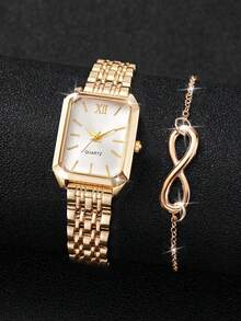 2件套女士礼品手表 - 不锈钢表带，方形表盘，罗马数字，优雅石英腕表 + 手链（不含表盒） - 金色 - 查看 3