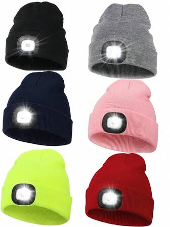 1pc Unisex Beanie Hat With LED Light, LED Light Replaced With Button Battery Knitted Hat, Hands-Free Headlight Hat, Suitable For Night Walking, Camping, And Hunting