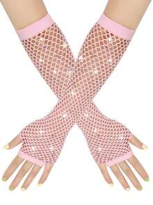 1双 D EXCEED 露指长款水钻鱼网袖套，闪亮亮片时尚霓虹露指鱼网手套，适合Emo哥特朋克80年代派对角色扮演服装配饰 - 彩色 - 查看 21