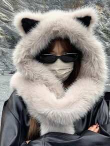 1pc Soft Plush Cat Ear Hat With Integrated Scarf, Unisex Winter Warm Fashion, Lightweight Knitted, Snap Closure, Suitable For Singles Party, Fuzzy Fox Hat, Autumn/Winter Bomber Hat With Scarf, Cute Bear Hat For Cycling