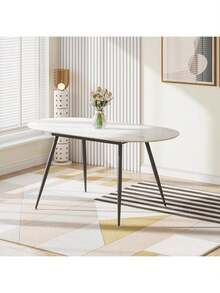 Extendable Dining Table And Chairs Set Of 4, Oval Mable Effect Table With Upholstered Chairs For Dining Room (Black Line, Set Of 4) - White Marble Table + 4 Black Linen Chairs - View 8