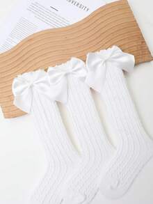 3 双女孩膝盖高袜带蝴蝶结，大腿高袜无跟，百搭洛丽塔风格袜子适合所有年龄段 - 白色 - 查看 6
