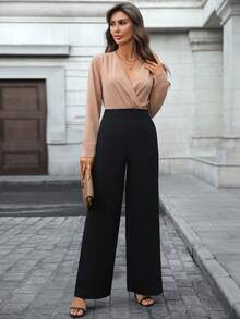 优雅女士高腰阔腿休闲连体裤涤纶，可机洗，百搭时尚 - 黑色 - 彩色 - 查看 4