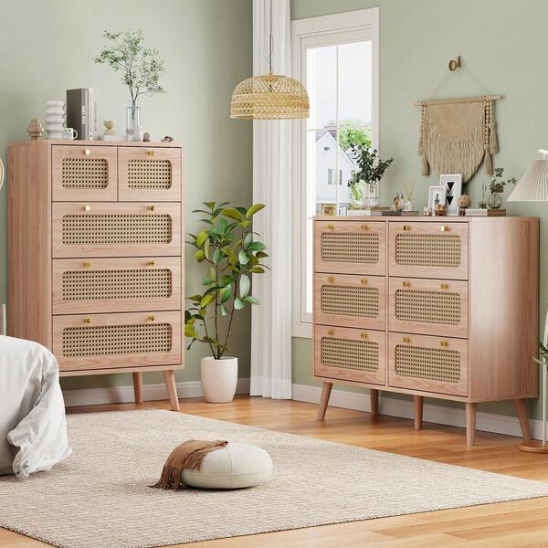 LIVLUX Generisch Kommode mit viel Stauraum,Kommode im Boho Stil, Sideboard mit 5 Schubladen Schubladenschrank Komodenschrank in Rattan für Schlafzimmer Wohnzimmer Flur Möbel,Wiener Geflecht,60x34x91cm