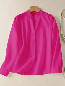 大码女式休闲纯色纽扣口袋长袖衬衫，宽松腰带上衣，适合秋冬春三季日常穿着 - 玫瑰紅 - 查看 7