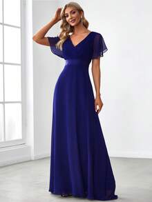 EVERPRETTY Elegant V-Neck Ruffle Butterfly Sleeve Bridesmaid Dress - Blue - View 4
