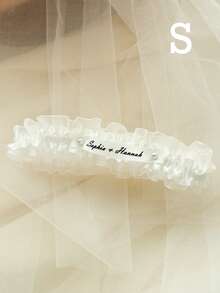 Satin Lace Wedding Garter, Customizable Name Date Letter Embroidery, Faux Pearl Double Layer Adjustable Plus Size Garter, Wedding Keepsake - Multicolor - View 13