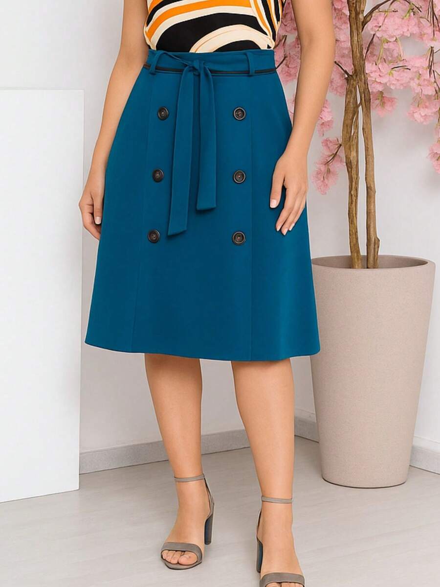 Flared Midi Skirt In Elegant Tailored Fabric - Màu xanh ngọc - Xem 1