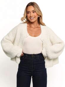 كارديجان أنيق بأكمام طويلة وياقة عالية وأزرار أمامية، بلون أحادي، لأسلوب العطلات