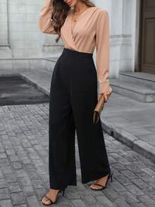 优雅女士高腰阔腿休闲连体裤涤纶，可机洗，百搭时尚 - 黑色 - 彩色 - 查看 5