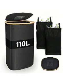 100L Large Capacity Trash Can With Lid - 29 Gallon Indoor Kitchen Garbage Bin, With 1 Removable & Reusable Liner, Suitable For Bottles, Cans, Plastics And Glass, Multi-Purpose Waste Sorting Trash Can For Home, Apartment, Office And Dorm, Perfect Gift For Family, Friends, Christmas, Valentine's Day, Birthday, Housewarming And Holidays - Black - View 2