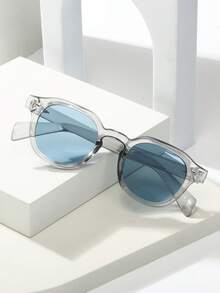 1 chiếc kính gọng tròn kiểu retro unisex chất lượng cao, thiết kế tối giản, thời trang, trang trí. - phim xanh khung xám - Xem 4