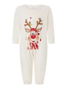 Family Matching Christmas Set Elk Print Long Sleeve Round Neck Tops/Romper Striped Trousers Loungewear Sleepwear
