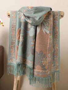 1 件女士秋冬仿羊绒花卉提花时尚百搭空调披肩开衫，厚实保暖，适合日常使用，斗篷围巾流苏厚实保暖女士围脖 - 彩色 - 查看 15