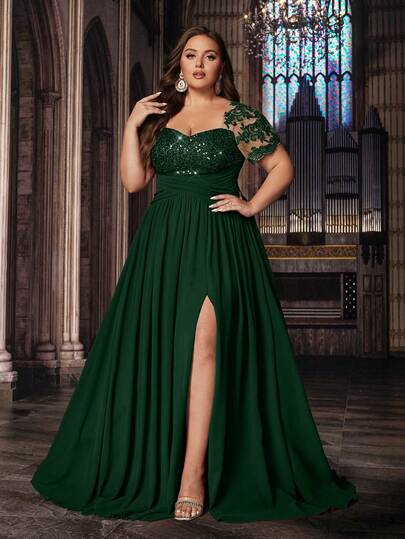 Vestido de noche de manga corta con aplicaciones, lentejuelas y parches de unicolor en tallas grandes para mujer, diseño clásico, Día de San Valentín