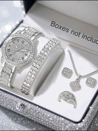 6 件套女士优雅石英表套装，罗马刻度合金表盘，配有项链、戒指、耳环、手链等，送给母亲的礼物，奢华舒适的表带，经典圆形表盘，适合节日、派对、婚礼和日常佩戴，是送给女性的最佳礼物，不含包装盒。