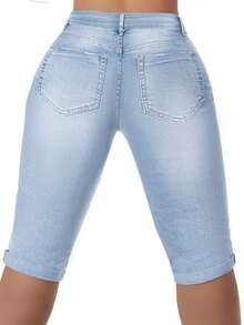 Plus Size Distressed Cuffed 3/4 Length Casual Jeans Summer - Blue - View 2