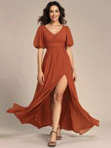 Elegant Deep V-Neck Puff Sleeve Split Chiffon Maxi Dress - Burnt Orange - View 1