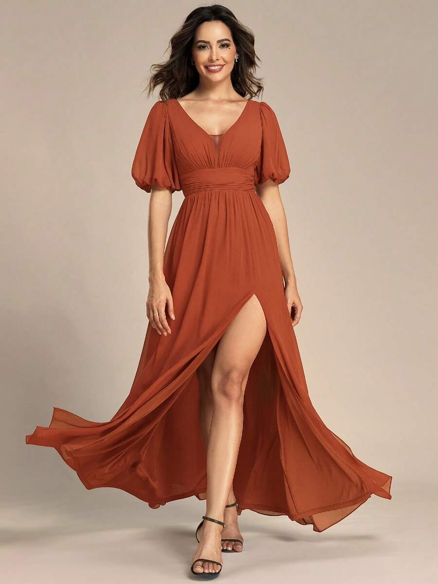 Elegant Deep V-Neck Puff Sleeve Split Chiffon Maxi Dress - Burnt Orange - View 1