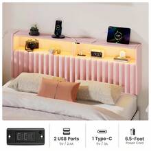 Headboard With Charging Station And Smart RGB LED Light, Full Bed Upholstered Head Board With Storage Shelves, Sturdy And Solid Headboards For Bedroom, Guest Room And Dorm - US A Type Plug(110-127V) - View 8
