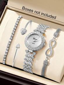 4 件女士优雅奢华水晶石英手表，配 8 形手链套装，教师节、母亲节、感恩节、情人节、学生、毕业典礼、生日的绝佳礼物（不含盒子） - 銀色 - 查看 7