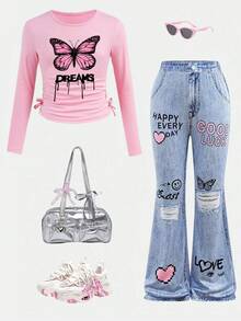 Tween Girl Butterfly Print Round Neck T-Shirt And Digital Print Pants Set - Pink - View 1