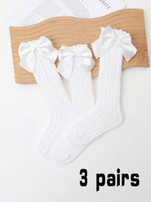 3 双女孩膝盖高袜带蝴蝶结，大腿高袜无跟，百搭洛丽塔风格袜子适合所有年龄段 - 白色 - 查看 14