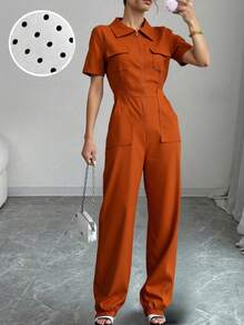 Nuevos pantalones de trabajo para mujer para el otoño y el invierno, para una elegancia informal en el día a día. Mujer jumpsuit estilo moderno con cierre, ajuste holgado, cuello tipo camisa, manga corta, primavera-verano, ideal para uso diario, categoría de moda. - Naranja - Ver 4
