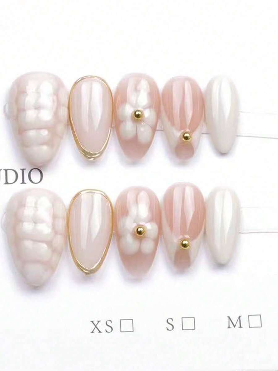 10pcs Ins Inspired Floral & Snake Skin Pattern Press On Nails, Gentle Spring Tie Dye Nail Art With 3D Gold Trim, Natural Nude Base With Gold Beads Decor, Elegant Nail Tips Suitable For Women & Girls Daily And Party Wear, Full Cover Long False Nails (Random Packaging Card), Comes With Nail Art Tools Kit, Great Gift For Females