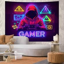 Neonowa, cyberpunkowa, reaktywna, UV, gobelinowa figurka z kapturem i kontrolerem do gier. Żywe geometryczne kształty. Sztuka ścienna w ultrafiolecie, niebieskim i żółtym. Retro, dekoracja do salonu gier. Bezpłatny pakiet instalacyjny. Łatwe do powieszenia.