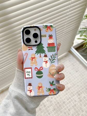 1pc Artistic & Fresh Christmas Tree, Snowman, Gingerbread Man Multi-Element Style Phone Protective Case, Original Cartoon Design, Suitable For IPhone 16 Pro/11/12 Pro/13/14 Pro Max/15/16 Pro Max, TPU+PC Material Cartoon Pattern Hard Protective Case, Shockproof Phone Case, Film Two-In-One Matte Thick Phone Case, Christmas, Halloween, New Year Gift For Couples, Best Friends