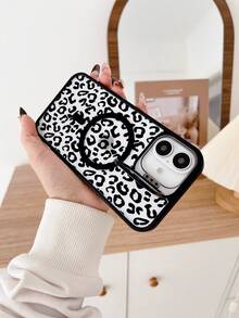 1 Pc Leopard Print Metal Stand Phone Case, Compatible With Magnetic Charging, Comes With A Lens Protector And Adjustable Stand, Suitable For Phone 16 Pro Max Phone Case/16E/15/14/13/12/11/Pro/Pro Max/Plus Leopard Print Phone Case/Phone 17/17pro/17 Pro Max - 黑色FS8223 - 查看 3