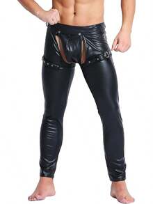 Mens Skinny Pants Faux Leather Open Crotch Trousers With Bulge Pouch-20256688 - A-Đen - Xem 4