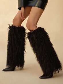 Bốt cao đến đầu gối bằng lông cho phụ nữ, bốt cao gót nhọn dành cho phụ nữ, bốt nửa đầu bằng lông, bốt dài mùa đông, bốt lông xù - màu đen - Xem 2