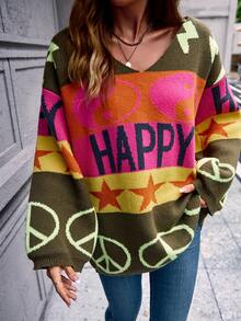 Women's Plus Casual Comfortable Romantic Retro Modern Commute Office Teacher Letter Knit Pullover Sweater, Suitable For Daily, Vacation, Airport, Country Music Festival, Back To School Party, Singles Party, Evening Date, Travel, College, Office Date, Sports & Fitness, Home, Spring, Autumn, Winter