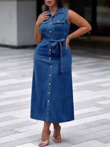 Women's Dark Blue Washed Sleeveless Denim Midi Dress, Elegant Slim Fit With Front Button Closure & Self-Tie Waist, Casual & Vacation Must-Have - Medium Wash - View 2