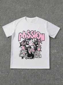 Men's Letter & Star Graphic Loose Round Neck Short Sleeve T-Shirt, World Tour T-Shirt-Premium Cotton Graphic Printed Round Neck T-Shirts - 粉色 - 查看 3