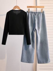 2pcs/Set Girls Casual Sports Street Style Comfortable Daily Wear Long Sleeve T-Shirt And Distressed Denim Pants Set, Spring/Autumn