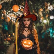 Witch Hat For Women Costume, Witch Hats With Lights Halloween Adult And Teens Women's Large Witches Hat Costume Accessories For Party Cosplay Sorcerer Cap For Festival Party Masquerade For Halloween Party Decorations - 橙色(飄帶) - 查看 6