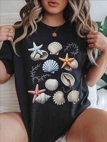 Women's-Shirt Casual Loose Fit Crew Neck Black White Options Easily Distracted By Print Daily Wear Shirts Summer Tops, Graphic Tees Summer Outfits Women Graphic Tees Crop Tops  Seashells And Starfish On White Background Plus Size Women Vintage Cotton Cute Clothes, Birthday Gifts For Women
-Black - 黑色 - 查看 2